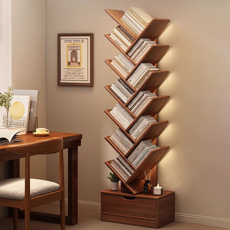 Tree Bookshelf with Drawer Freestanding Wooden Book Tower Tall Narrow Bookcase for Home Office | Bedroom and Kids Room