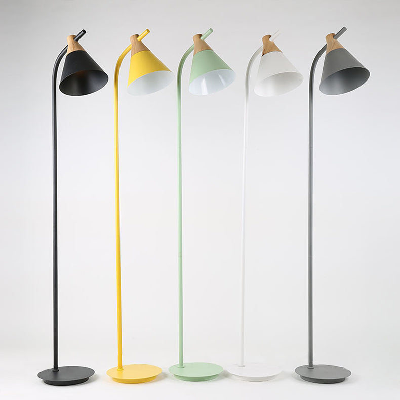 Macaron Floor Lamp Nordic Metal Standing Lamp with Cone Shade and Wooden Joint Curved Reading Lamp for Living Room and Bedroom