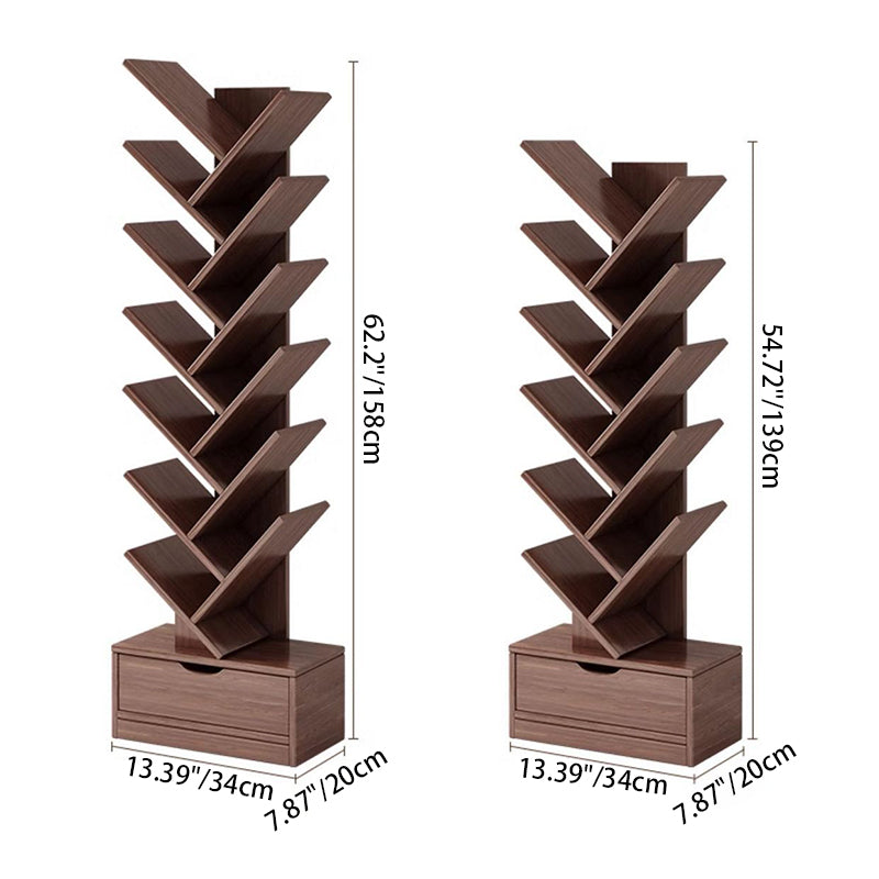 Tree Bookshelf with Drawer Freestanding Wooden Book Tower Tall Narrow Bookcase for Home Office | Bedroom and Kids Room