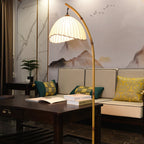 Arc Floor Lamp Bamboo Effect Metal Standing Lamp with Fabric Dome Shade and Marble Base Japanese Zen Reading Lamp for Living Room
