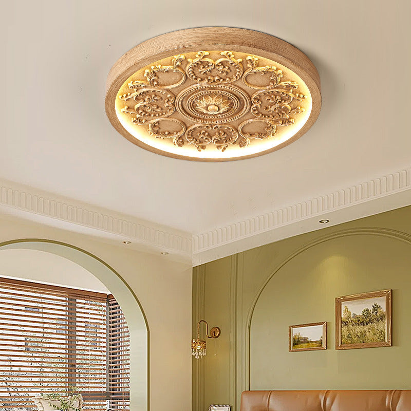 Carved LED Ceiling Light Round Ornate Flush Mount Ceiling Lamp Dimmable with Remote Control for Bedroom and Living Room