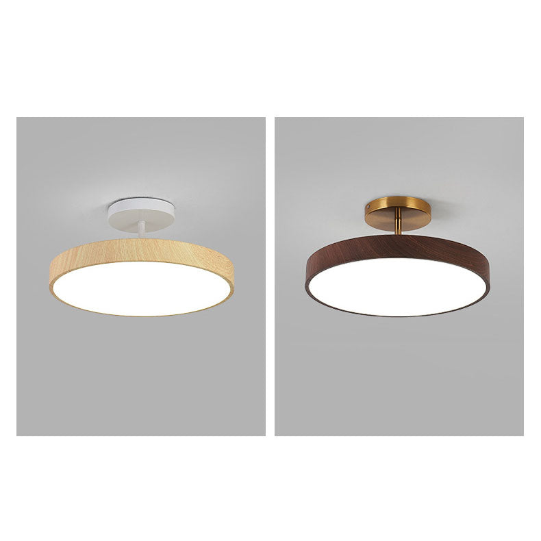 Wood Effect LED Ceiling Light Round Semi Flush Ceiling Lamp Japandi Wood Grain Finish with Brass Tone Fitting for Bedroom and Hallway