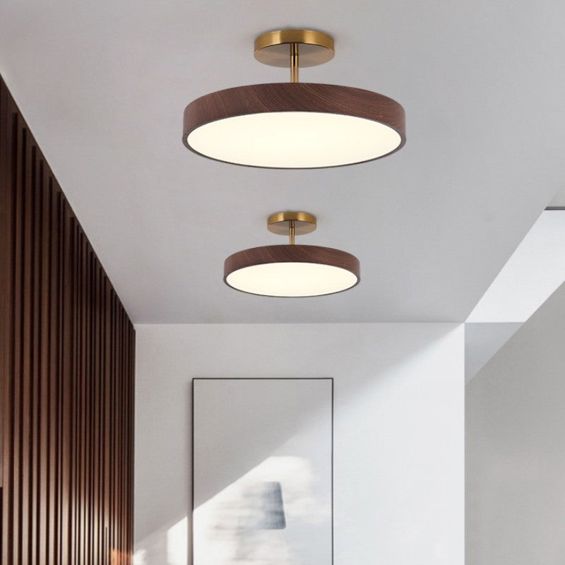 Wood Effect LED Ceiling Light Round Semi Flush Ceiling Lamp Japandi Wood Grain Finish with Brass Tone Fitting for Bedroom and Hallway