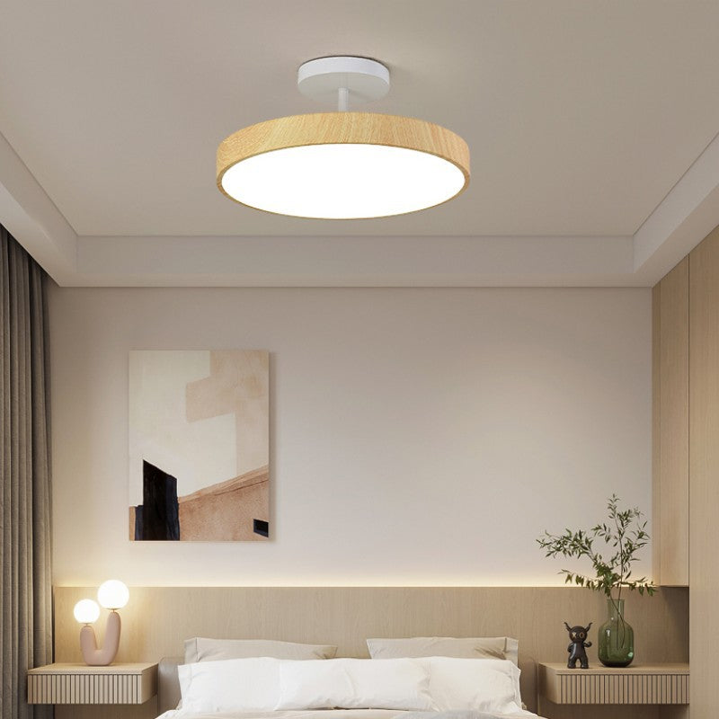 Wood Effect LED Ceiling Light Round Semi Flush Ceiling Lamp Japandi Wood Grain Finish with Brass Tone Fitting for Bedroom and Hallway