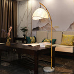 Arc Floor Lamp Bamboo Effect Metal Standing Lamp with Fabric Dome Shade and Marble Base Japanese Zen Reading Lamp for Living Room