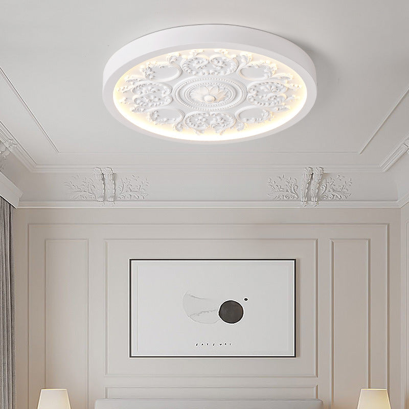 Carved LED Ceiling Light Round Ornate Flush Mount Ceiling Lamp Dimmable with Remote Control for Bedroom and Living Room