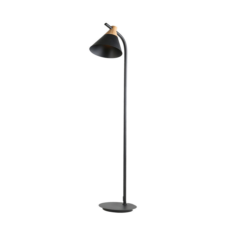 Macaron Floor Lamp Nordic Metal Standing Lamp with Cone Shade and Wooden Joint Curved Reading Lamp for Living Room and Bedroom