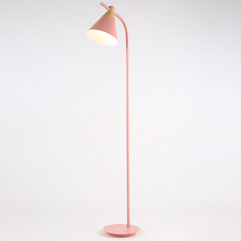 Macaron Floor Lamp Nordic Metal Standing Lamp with Cone Shade and Wooden Joint Curved Reading Lamp for Living Room and Bedroom