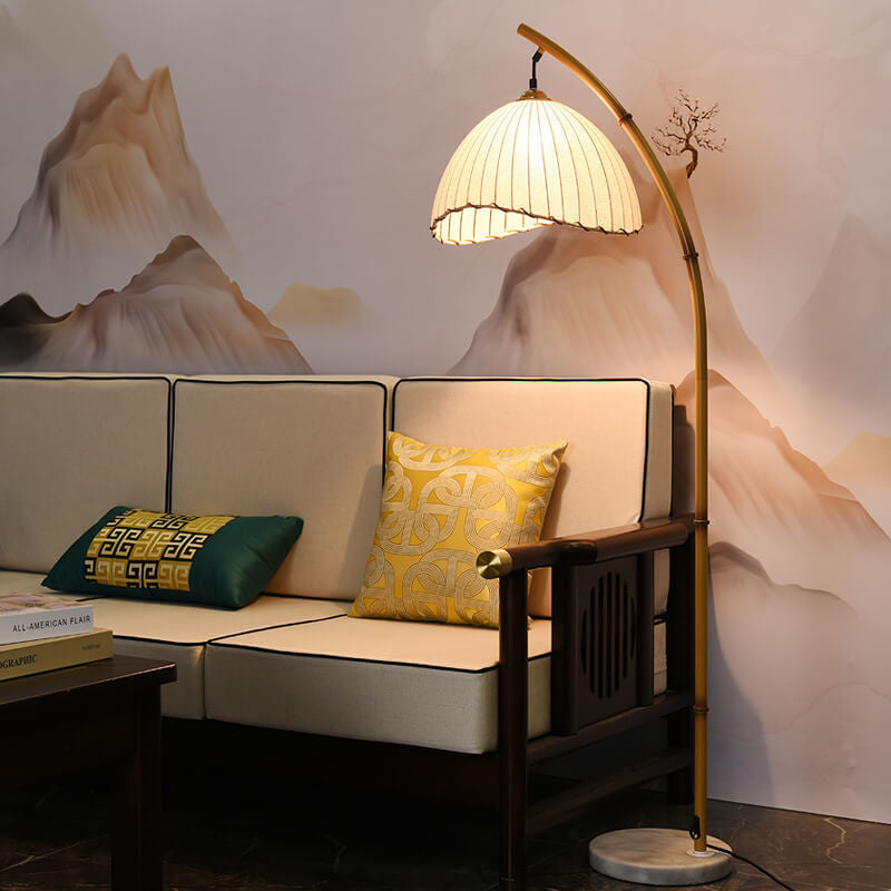 Arc Floor Lamp Bamboo Effect Metal Standing Lamp with Fabric Dome Shade and Marble Base Japanese Zen Reading Lamp for Living Room