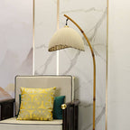 Arc Floor Lamp Bamboo Effect Metal Standing Lamp with Fabric Dome Shade and Marble Base Japanese Zen Reading Lamp for Living Room