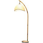 Arc Floor Lamp Bamboo Effect Metal Standing Lamp with Fabric Dome Shade and Marble Base Japanese Zen Reading Lamp for Living Room
