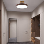 Wood Effect LED Ceiling Light Round Semi Flush Ceiling Lamp Japandi Wood Grain Finish with Brass Tone Fitting for Bedroom and Hallway