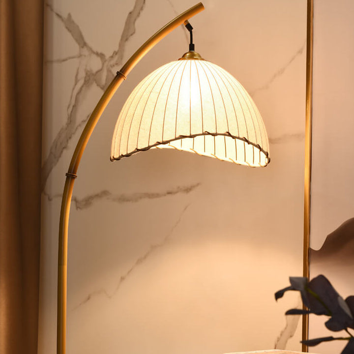 Arc Floor Lamp Bamboo Effect Metal Standing Lamp with Fabric Dome Shade and Marble Base Japanese Zen Reading Lamp for Living Room