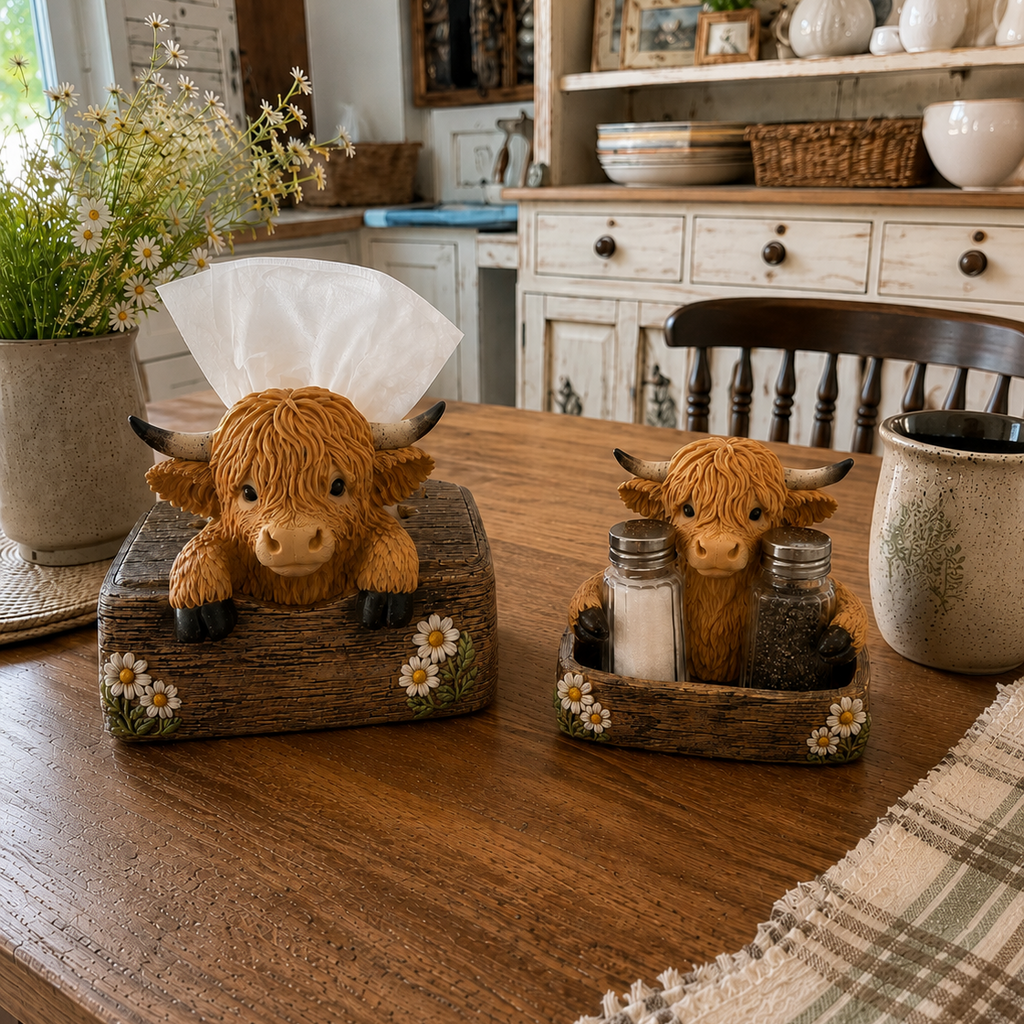 Highland Cow Salt and Pepper Holder and Tissue Box Cover Farmhouse Resin Kitchen Decor with Glass Shakers for Dining Table and Worktop