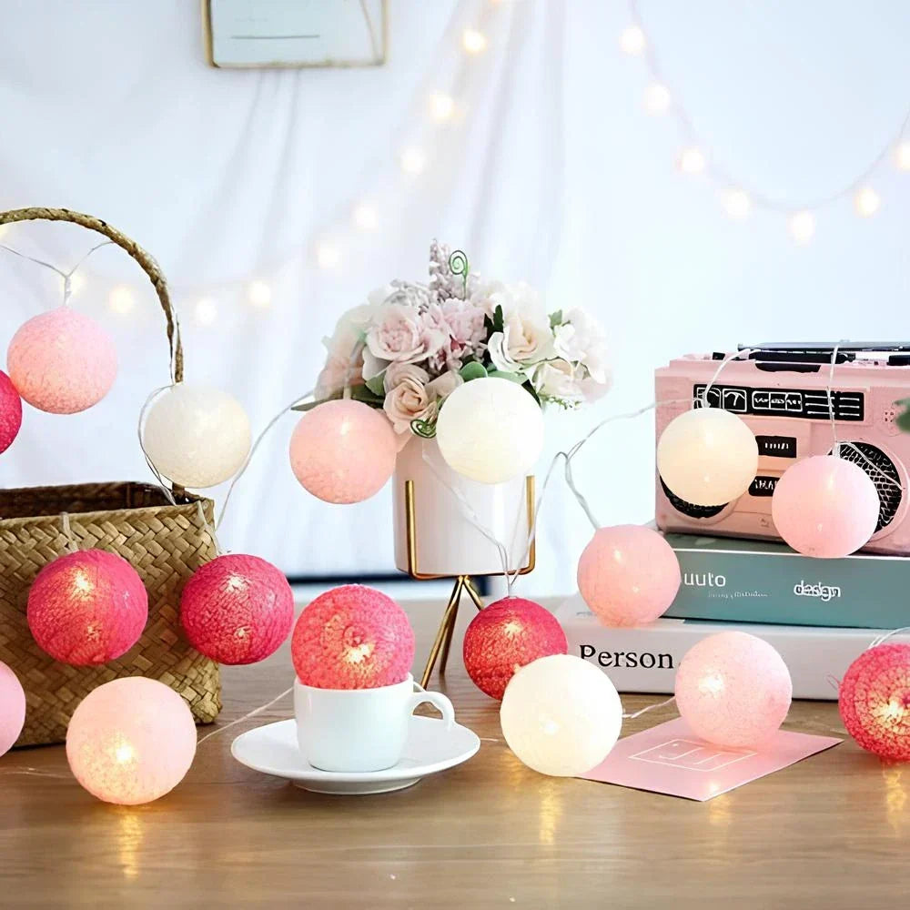Cotton Ball String Lights LED Fairy Lights with Woven Cotton Balls Battery or USB Powered Garland Lights for Bedroom | Living Room | Nursery and Party