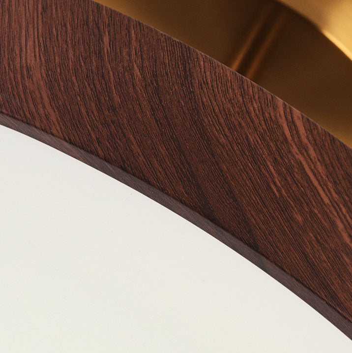 Wood Effect LED Ceiling Light Round Semi Flush Ceiling Lamp Japandi Wood Grain Finish with Brass Tone Fitting for Bedroom and Hallway