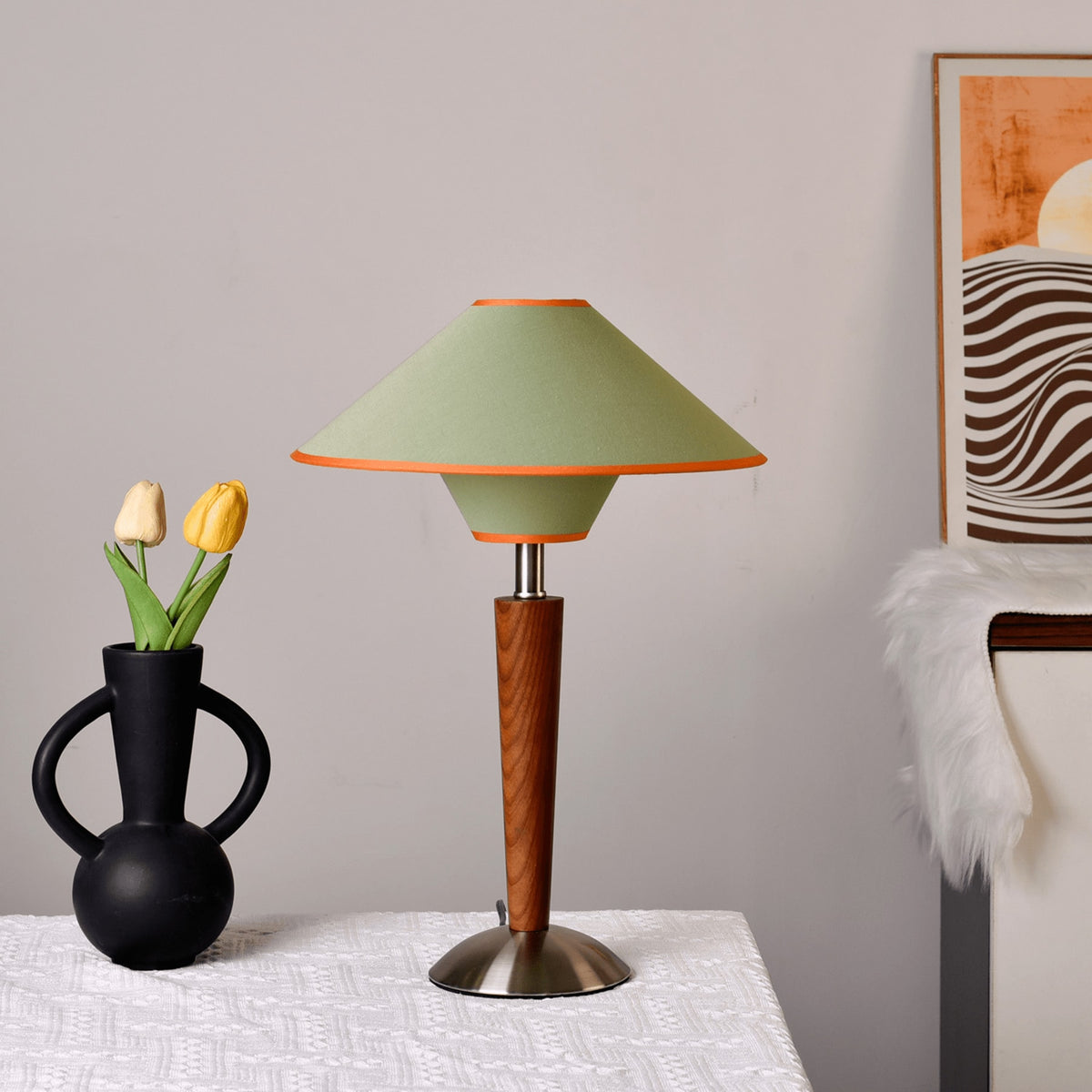 Modern Wood Table Lamp With Fabric Shade for Living Room in Green & Walnut — Ashbury Home & Living
