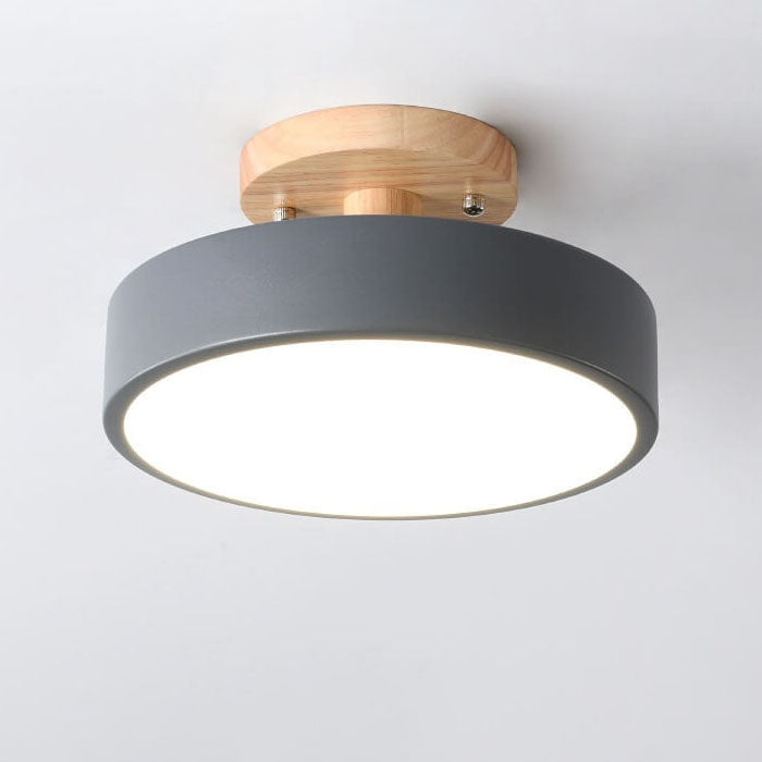 Nordic Round LED Ceiling Light Wood and Metal Semi Flush Ceiling Lamp with Colour Temperature Options for Hallway | Bedroom and Living Room