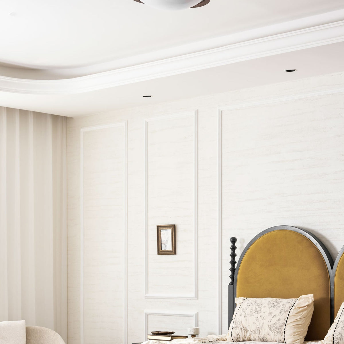 Modern Wood-Effect Fabric Flush Mount Ceiling Light With Tri-Colour Glow — Ashbury Home & Living