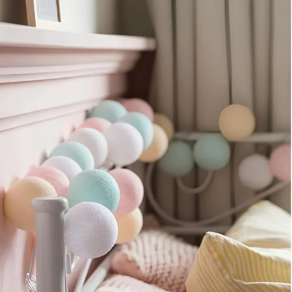 Cotton Ball String Lights LED Fairy Lights with Woven Cotton Balls Battery or USB Powered Garland Lights for Bedroom | Living Room | Nursery and Party