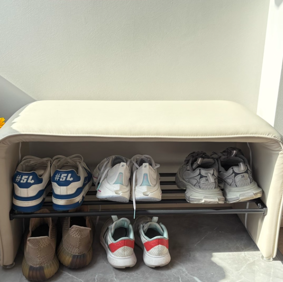 Faux Leather Shoe Bench with Storage Shelf Carbon Steel Entryway Bench Upholstered Hallway Seat with Side Pocket for Entryway and Bedroom