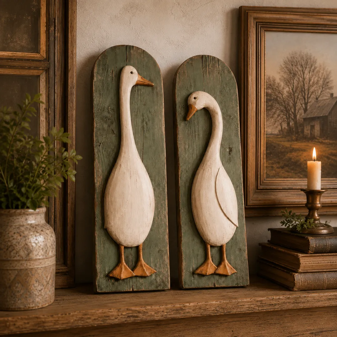 Rustic Goose Wall Art Set of Two Handcrafted Wooden Farmhouse Panels Arched Vintage Green Plaques for Kitchen | Hallway and Living Room