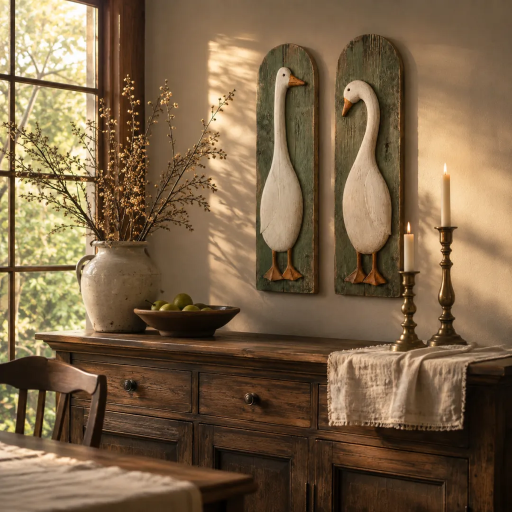 Rustic Goose Wall Art Set of Two Handcrafted Wooden Farmhouse Panels Arched Vintage Green Plaques for Kitchen | Hallway and Living Room