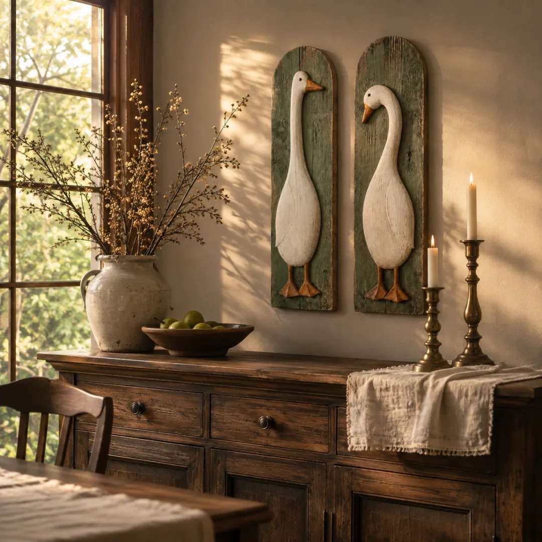 Rustic Goose Wall Art Set of Two Handcrafted Wooden Farmhouse Panels Arched Vintage Green Plaques for Kitchen | Hallway and Living Room