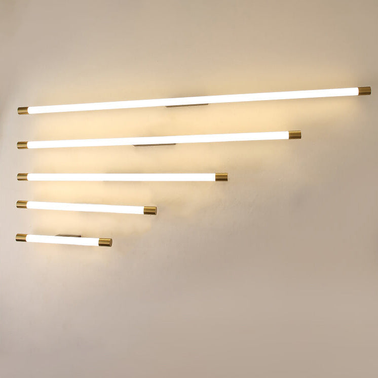 Slim LED Tube Wall Light Minimalist Aluminium Vanity Bar Mirror Lamp with Brass Tone End Caps for Bathroom | Bedroom and Living Room