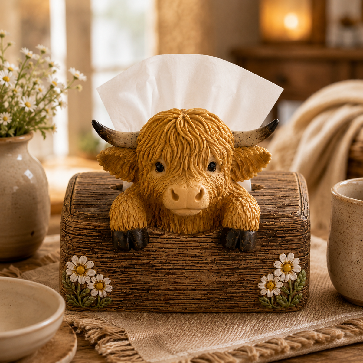 Highland Cow Salt and Pepper Holder and Tissue Box Cover Farmhouse Resin Kitchen Decor with Glass Shakers for Dining Table and Worktop