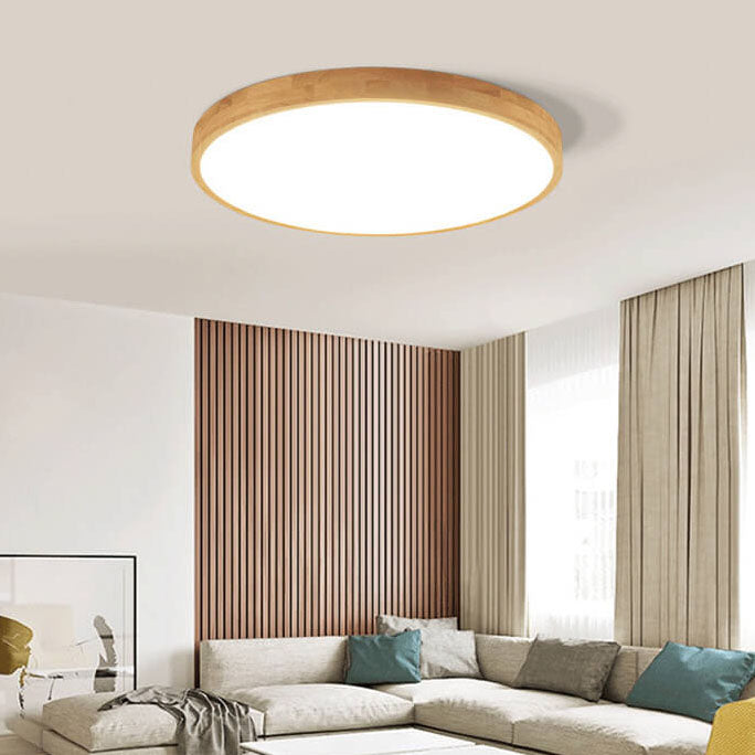 Solid Wood LED Ceiling Light Round Ultra Slim Flush Mount Ceiling Lamp Nordic Wooden Frame for Living Room and Bedroom