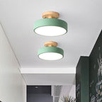 Nordic Round LED Ceiling Light Wood and Metal Semi Flush Ceiling Lamp with Colour Temperature Options for Hallway | Bedroom and Living Room