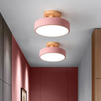 Nordic Round LED Ceiling Light Wood and Metal Semi Flush Ceiling Lamp with Colour Temperature Options for Hallway | Bedroom and Living Room