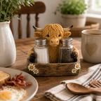 Highland Cow Salt and Pepper Holder and Tissue Box Cover Farmhouse Resin Kitchen Decor with Glass Shakers for Dining Table and Worktop