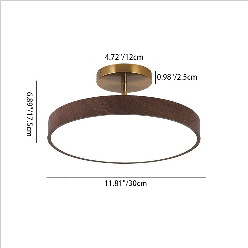Wood Effect LED Ceiling Light Round Semi Flush Ceiling Lamp Japandi Wood Grain Finish with Brass Tone Fitting for Bedroom and Hallway