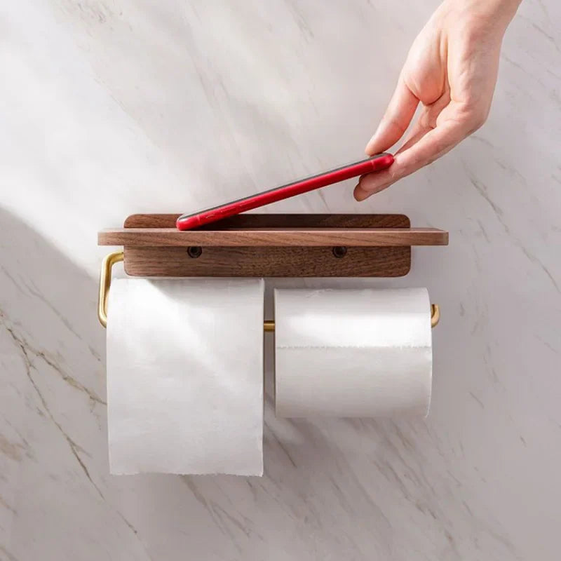 Walnut Toilet Roll Holder with Shelf Wall Mounted Solid Wood and Brass Tone Metal Toilet Paper Holder for Bathroom and Cloakroom