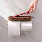 Walnut Toilet Roll Holder with Shelf Wall Mounted Solid Wood and Brass Tone Metal Toilet Paper Holder for Bathroom and Cloakroom