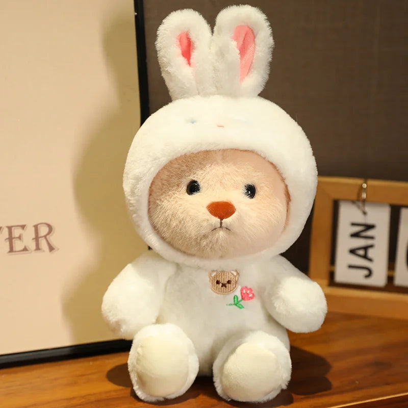 Plush Teddy Bear in Animal Costume Soft Cuddly Toy Bear with Zip Up Hooded Outfit Panda | Unicorn | Rabbit | Dinosaur and More Designs for Children