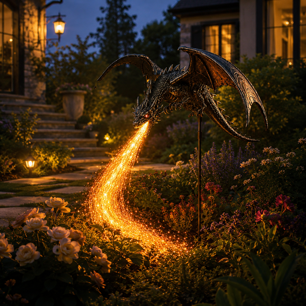 Solar Dragon Garden Light Fire Breathing Dragon Stake with Glowing Fibre Optic Flame Weatherproof Decoration for Flower Beds | Paths and Patios
