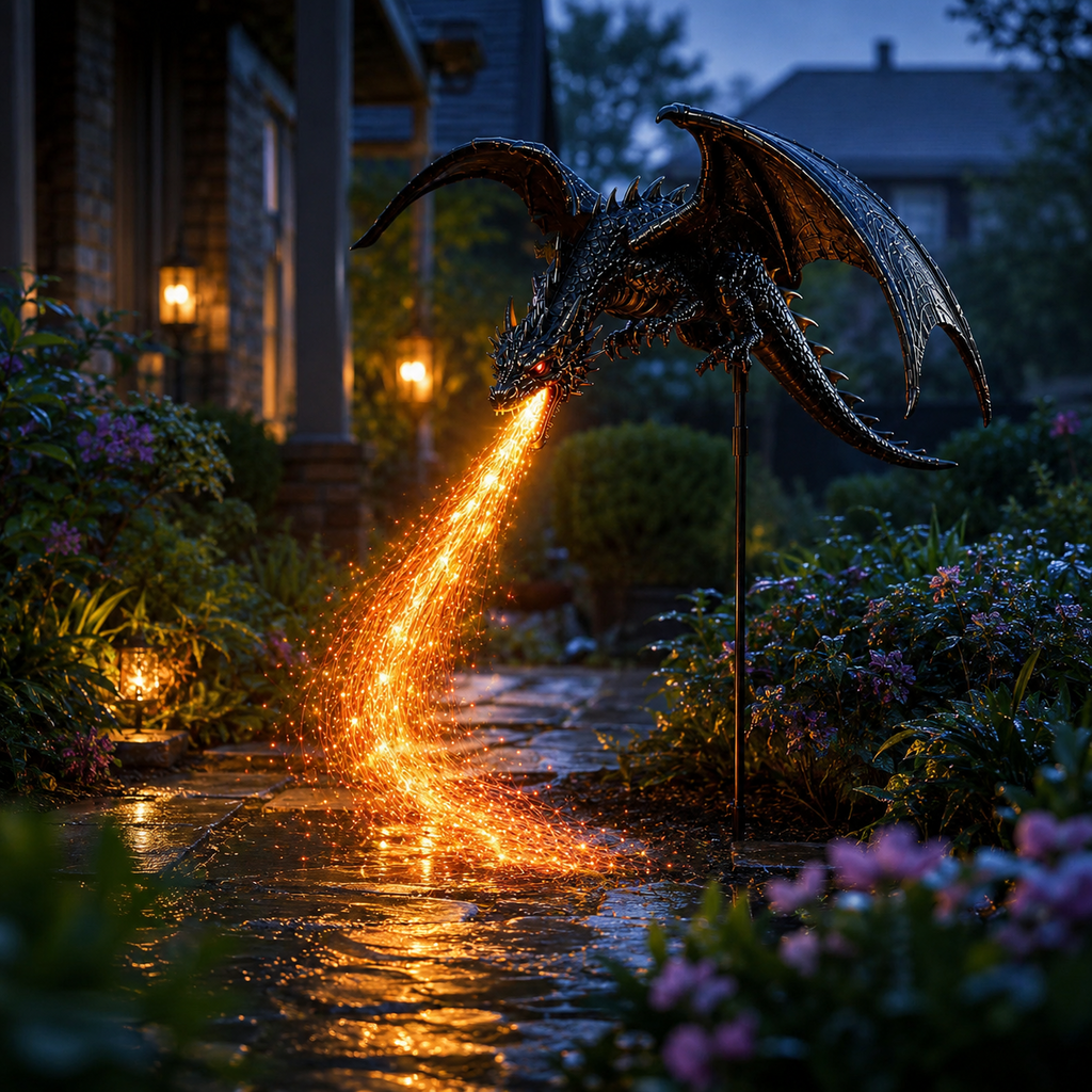 Solar Dragon Garden Light Fire Breathing Dragon Stake with Glowing Fibre Optic Flame Weatherproof Decoration for Flower Beds | Paths and Patios