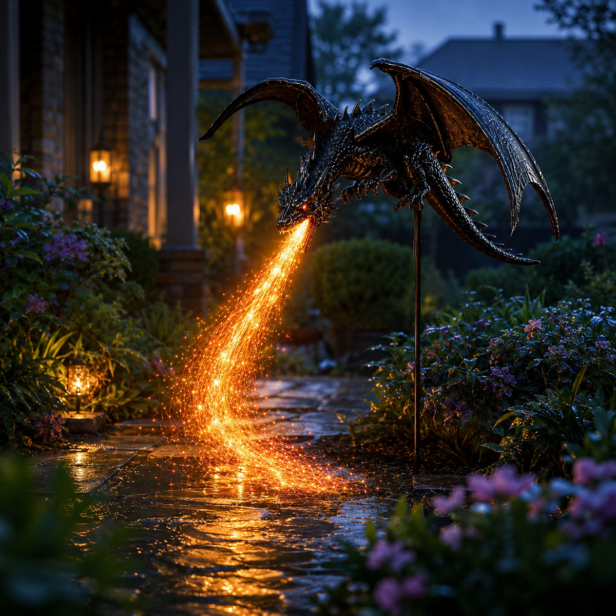 Solar Dragon Garden Light Fire Breathing Dragon Stake with Glowing Fibre Optic Flame Weatherproof Decoration for Flower Beds | Paths and Patios