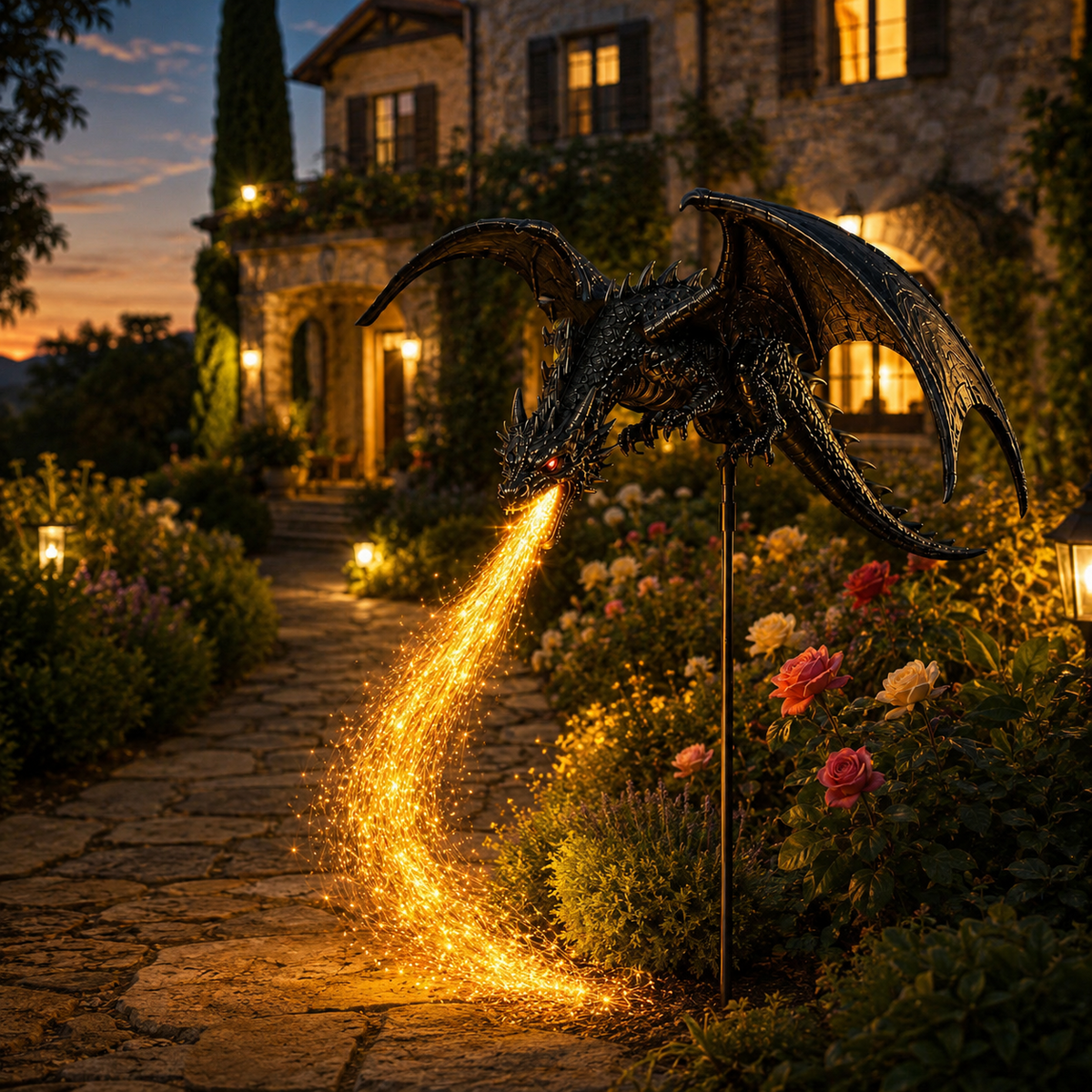 Solar Dragon Garden Light Fire Breathing Dragon Stake with Glowing Fibre Optic Flame Weatherproof Decoration for Flower Beds | Paths and Patios