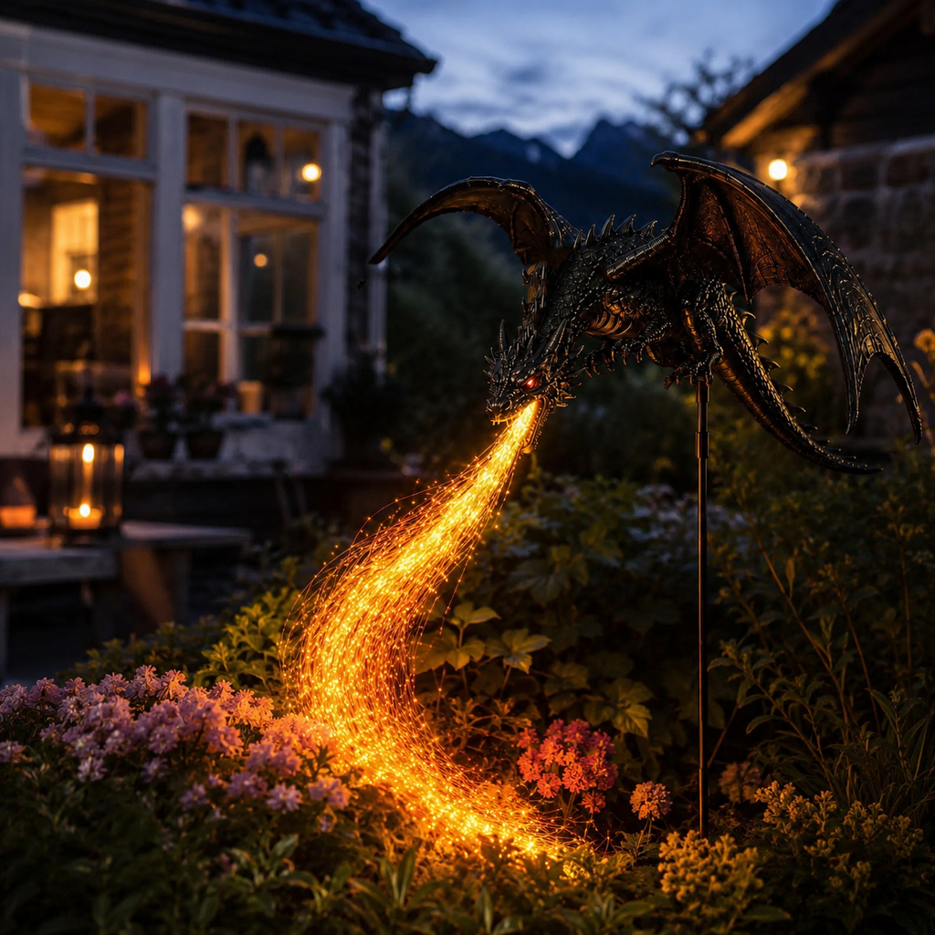 Solar Dragon Garden Light Fire Breathing Dragon Stake with Glowing Fibre Optic Flame Weatherproof Decoration for Flower Beds | Paths and Patios