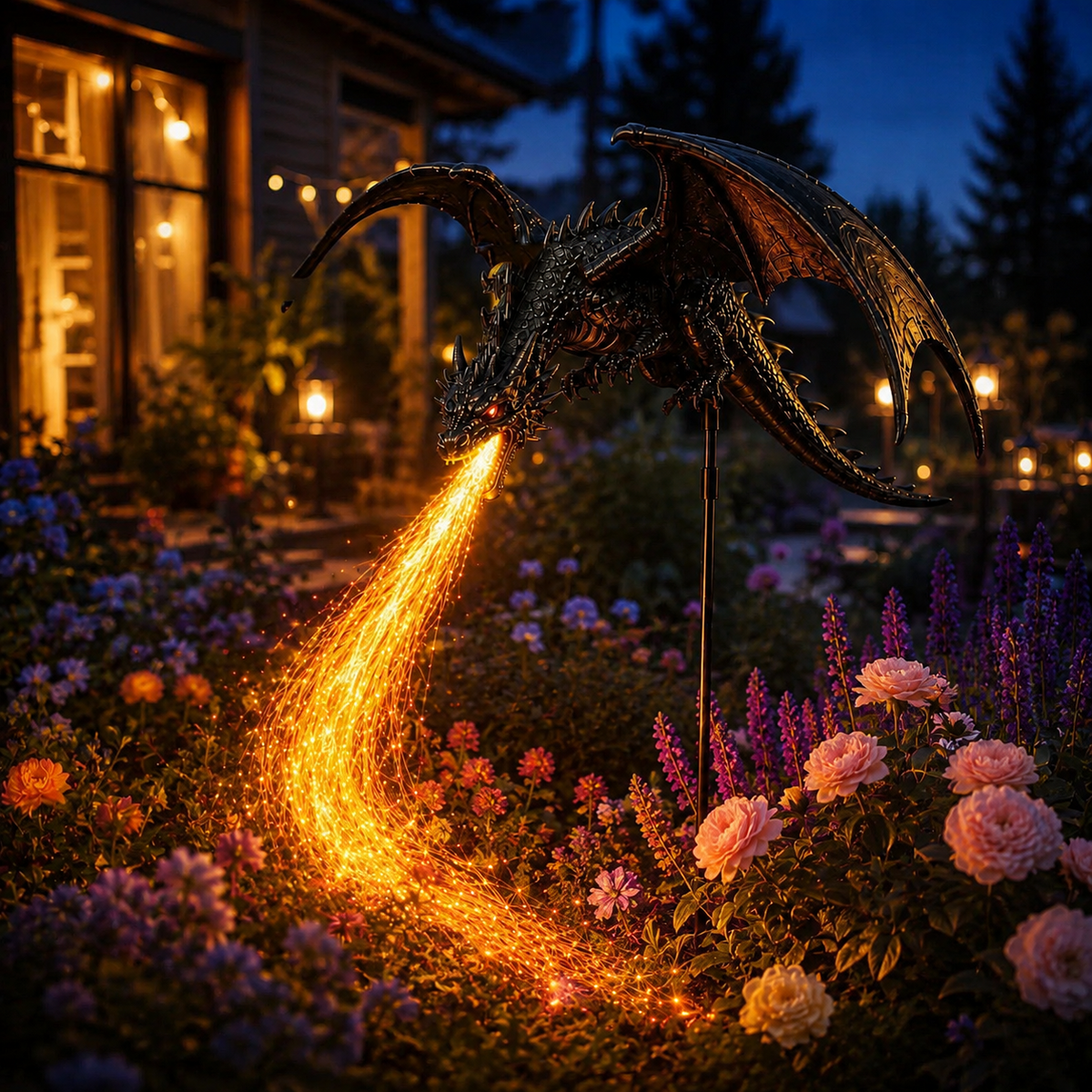 Solar Dragon Garden Light Fire Breathing Dragon Stake with Glowing Fibre Optic Flame Weatherproof Decoration for Flower Beds | Paths and Patios