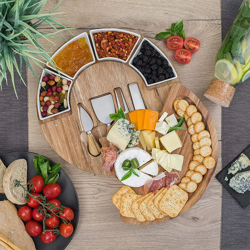 Cheese Board and Knife Set Round Acacia Wood Charcuterie Board with Ceramic Bowls and Stainless Steel Cheese Knives for Entertaining