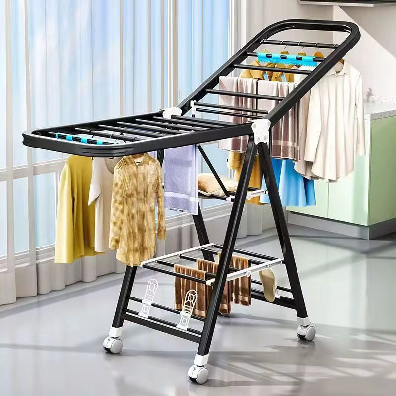 Folding Clothes Drying Rack on Wheels Freestanding Metal Laundry Airer with Wing Rails Indoor and Outdoor Clothes Horse for Balcony | Bedroom