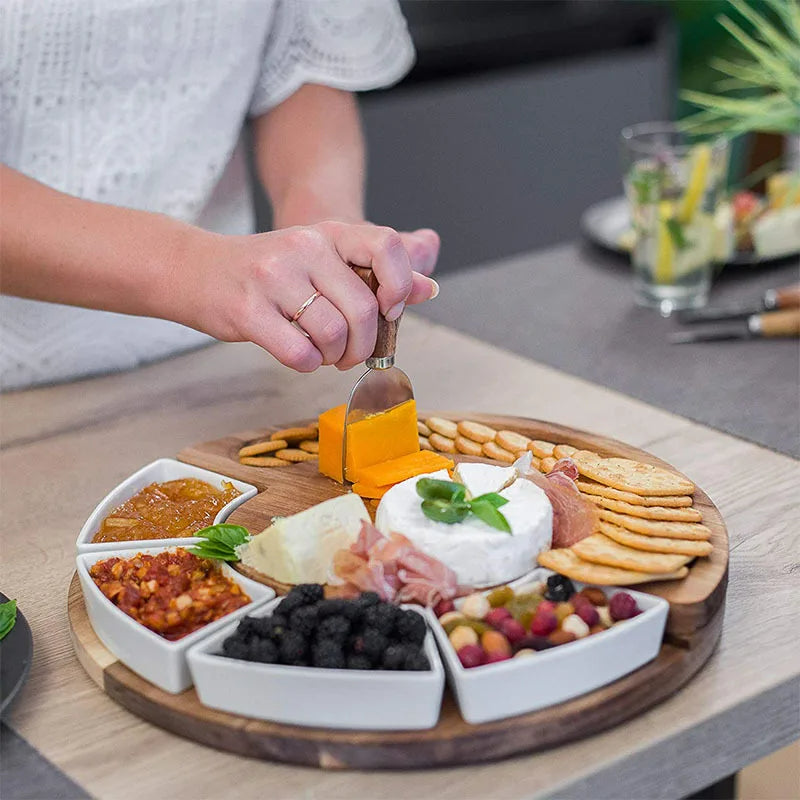 Cheese Board and Knife Set Round Acacia Wood Charcuterie Board with Ceramic Bowls and Stainless Steel Cheese Knives for Entertaining