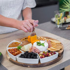 Cheese Board and Knife Set Round Acacia Wood Charcuterie Board with Ceramic Bowls and Stainless Steel Cheese Knives for Entertaining