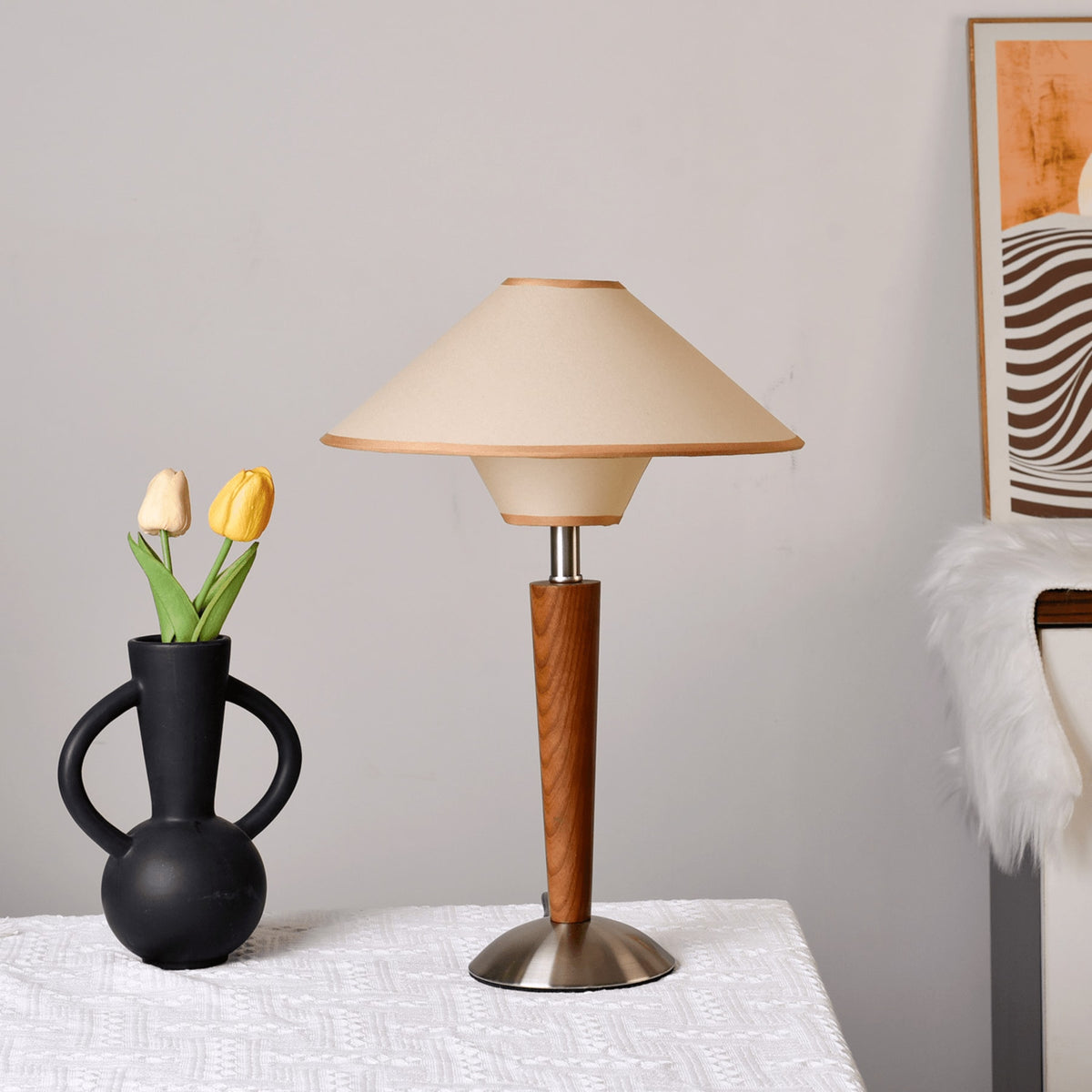 Modern Wood Table Lamp With Fabric Shade for Living Room in Tan & Walnut — Ashbury Home & Living