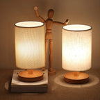 Linen Table Lamp with Wooden Base Dimmable LED Bedside Lamp with Remote Control and Touch Switch USB Powered Japandi Style for Bedroom | Living Room